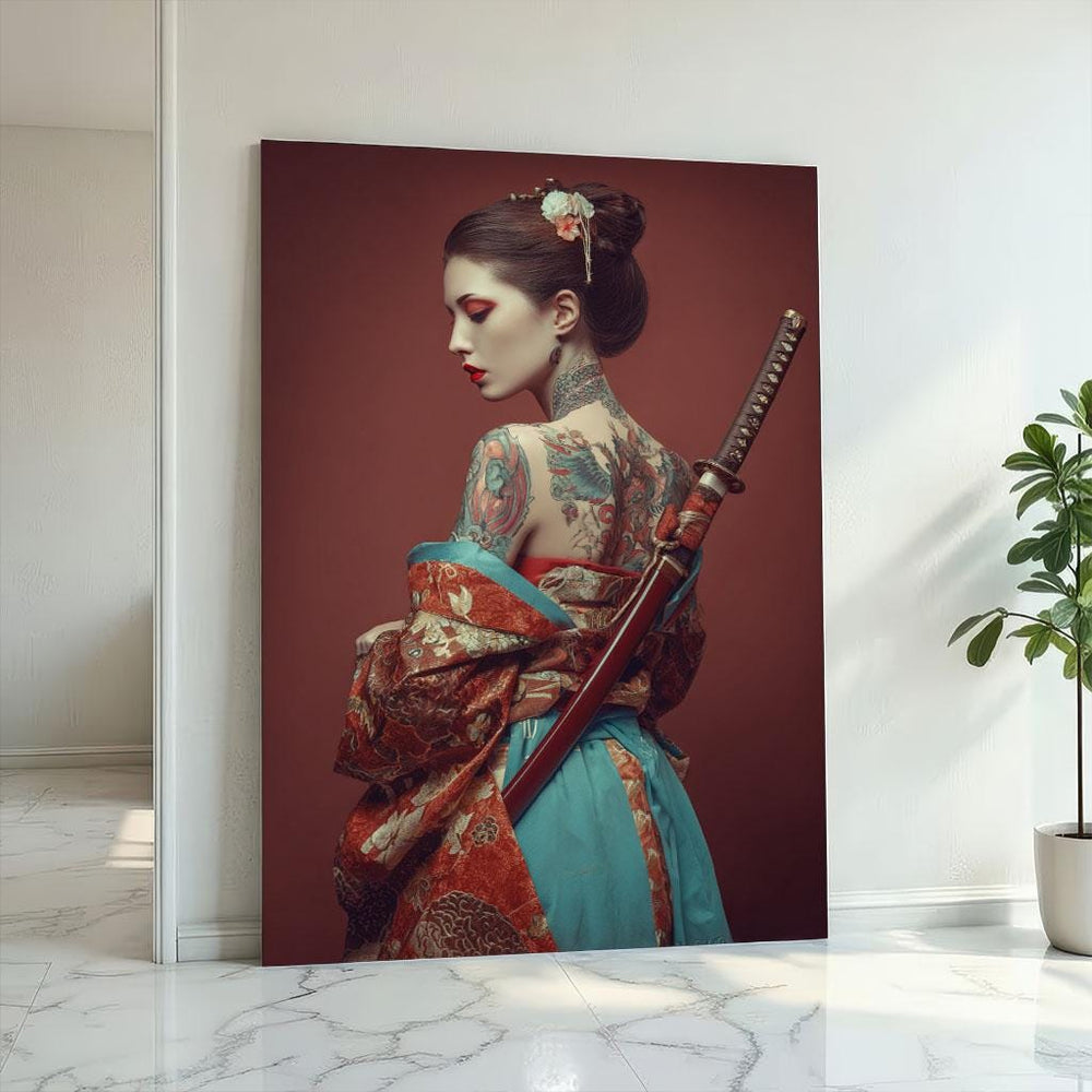 Elegant Samurai Woman Canvas Wall Art Print  Red and Teal Bedroom Decor  Statement Piece