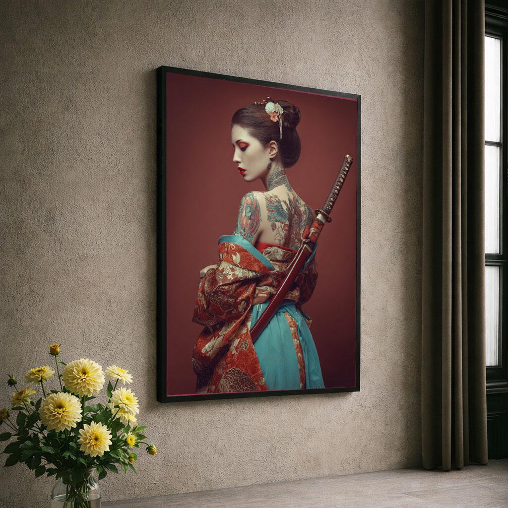Image 6 of Elegant Samurai Woman Canvas Wall Art Print | Red and Teal Bedroom Decor | Statement Piece