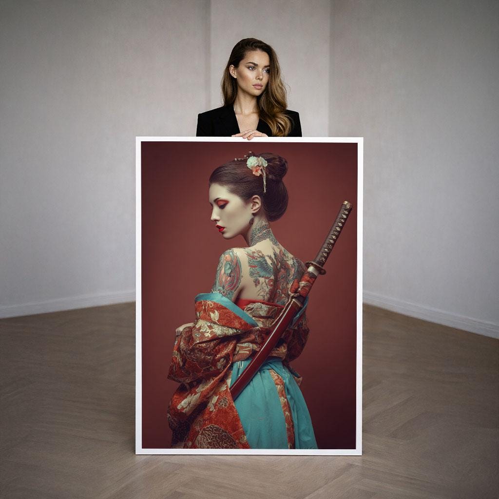 Image 3 of Elegant Samurai Woman Canvas Wall Art Print | Red and Teal Bedroom Decor | Statement Piece