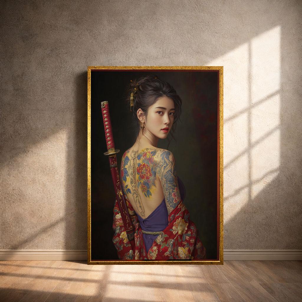 Image 4 of Mystical Japanese Woman with Katana Canvas Wall Art | Elegant Bedroom Wall Decor | Statement Piece