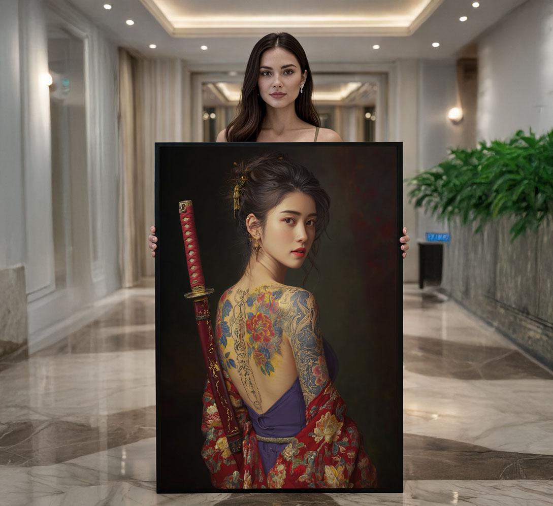 Image 1 of Mystical Japanese Woman with Katana Canvas Wall Art | Elegant Bedroom Wall Decor | Statement Piece