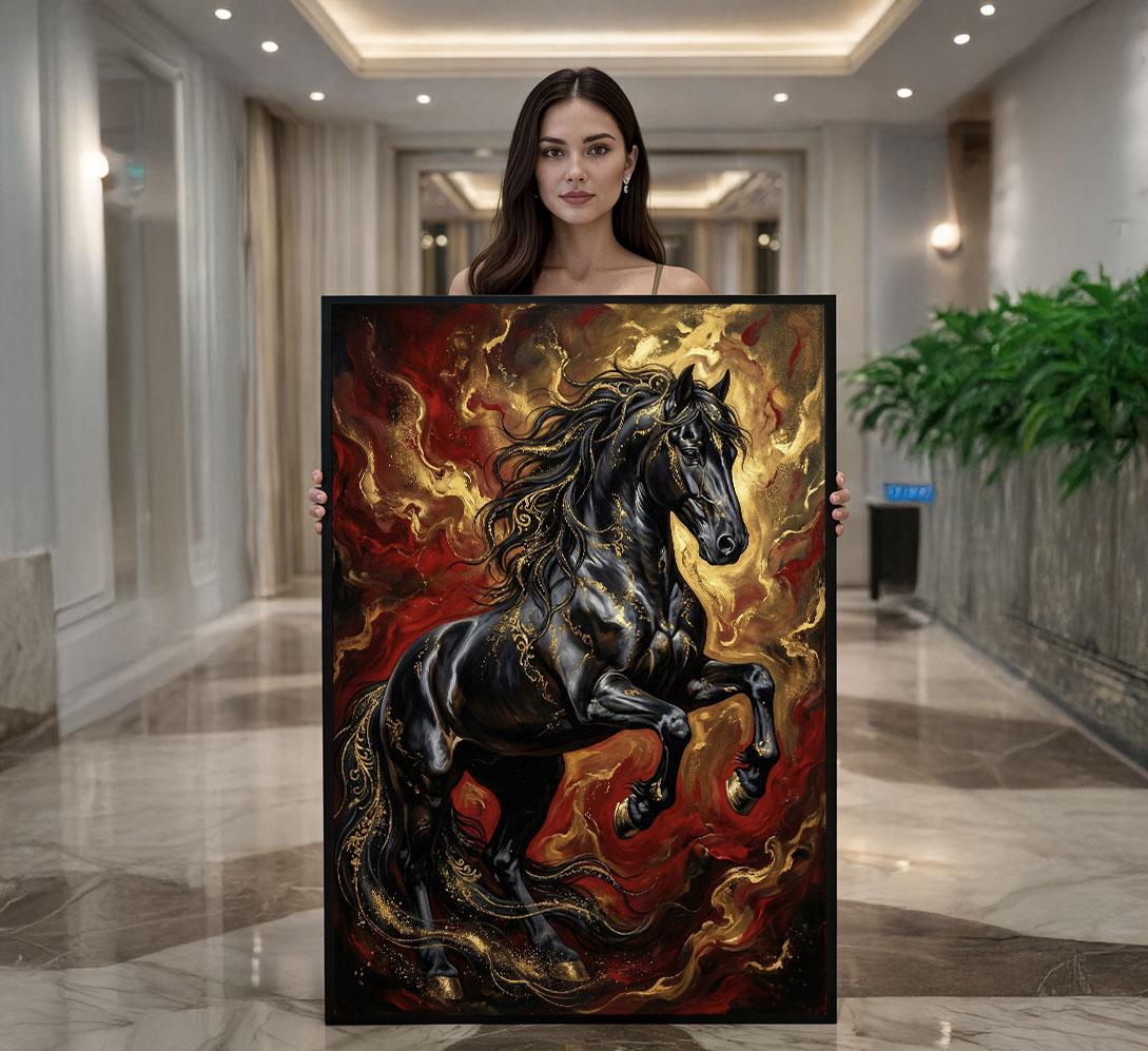 Image 1 of Majestic Black Stallion Canvas Wall Art Print | Fiery Abstract Living Room Decor | Statement Piece for Horse Lovers