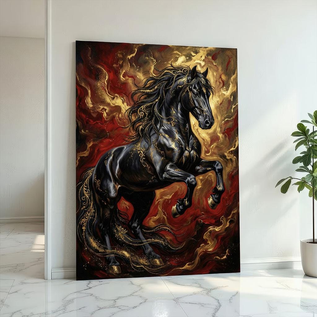 Image 2 of Majestic Black Stallion Canvas Wall Art Print | Fiery Abstract Living Room Decor | Statement Piece for Horse Lovers