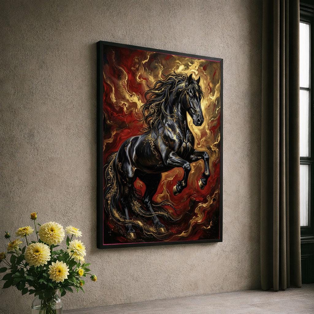 Image 6 of Majestic Black Stallion Canvas Wall Art Print | Fiery Abstract Living Room Decor | Statement Piece for Horse Lovers