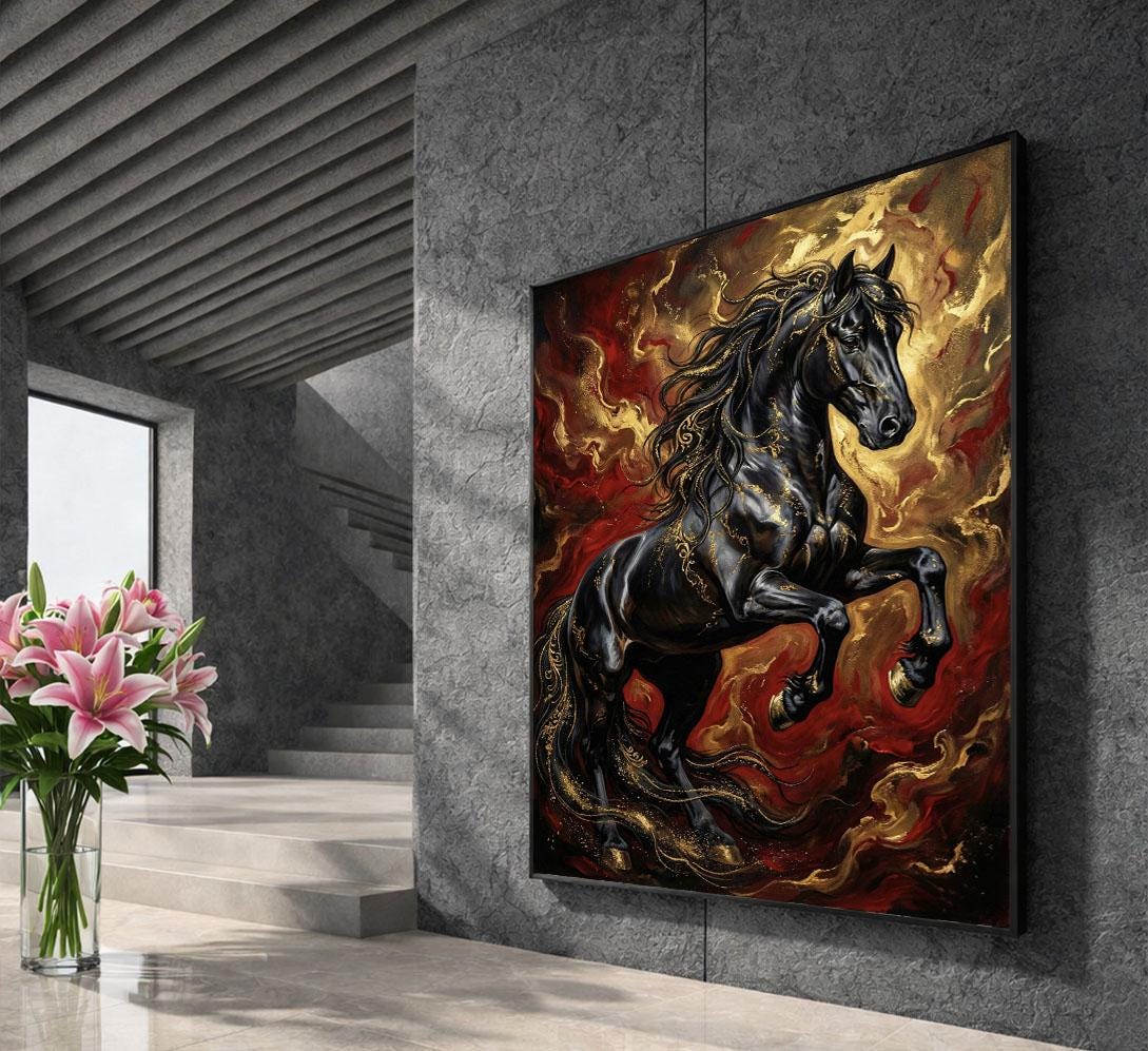 Image 5 of Majestic Black Stallion Canvas Wall Art Print | Fiery Abstract Living Room Decor | Statement Piece for Horse Lovers
