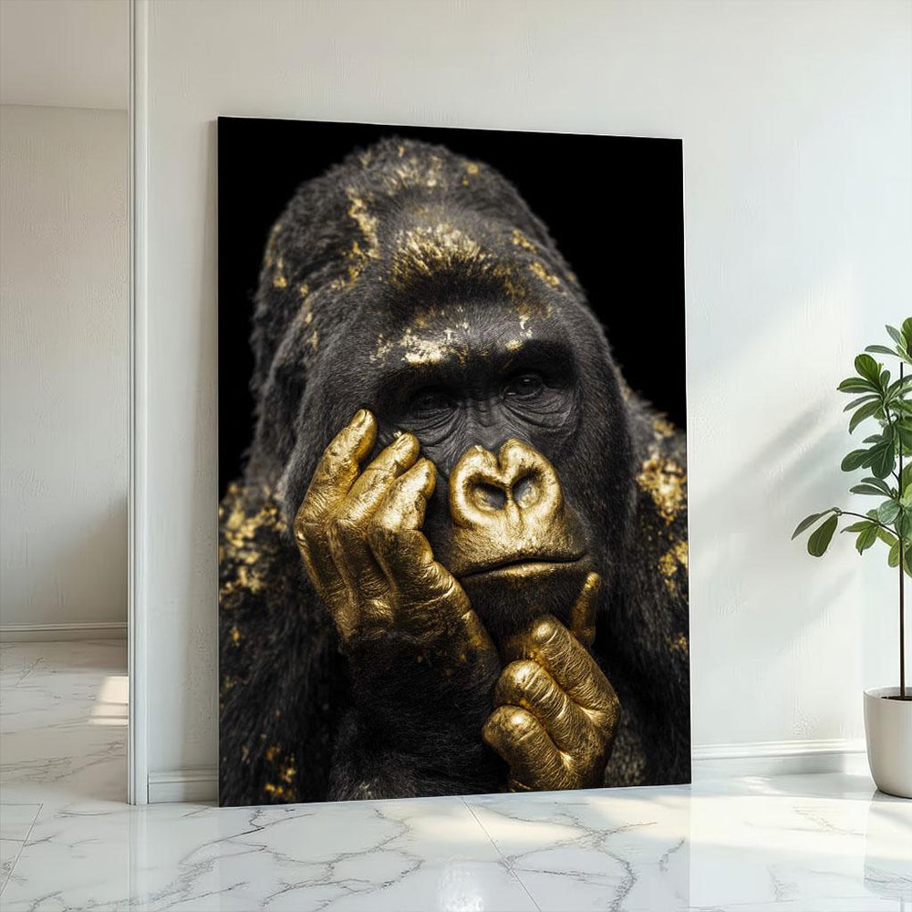 Golden Gorilla Portrait Canvas Print, Striking Animal Wall Art