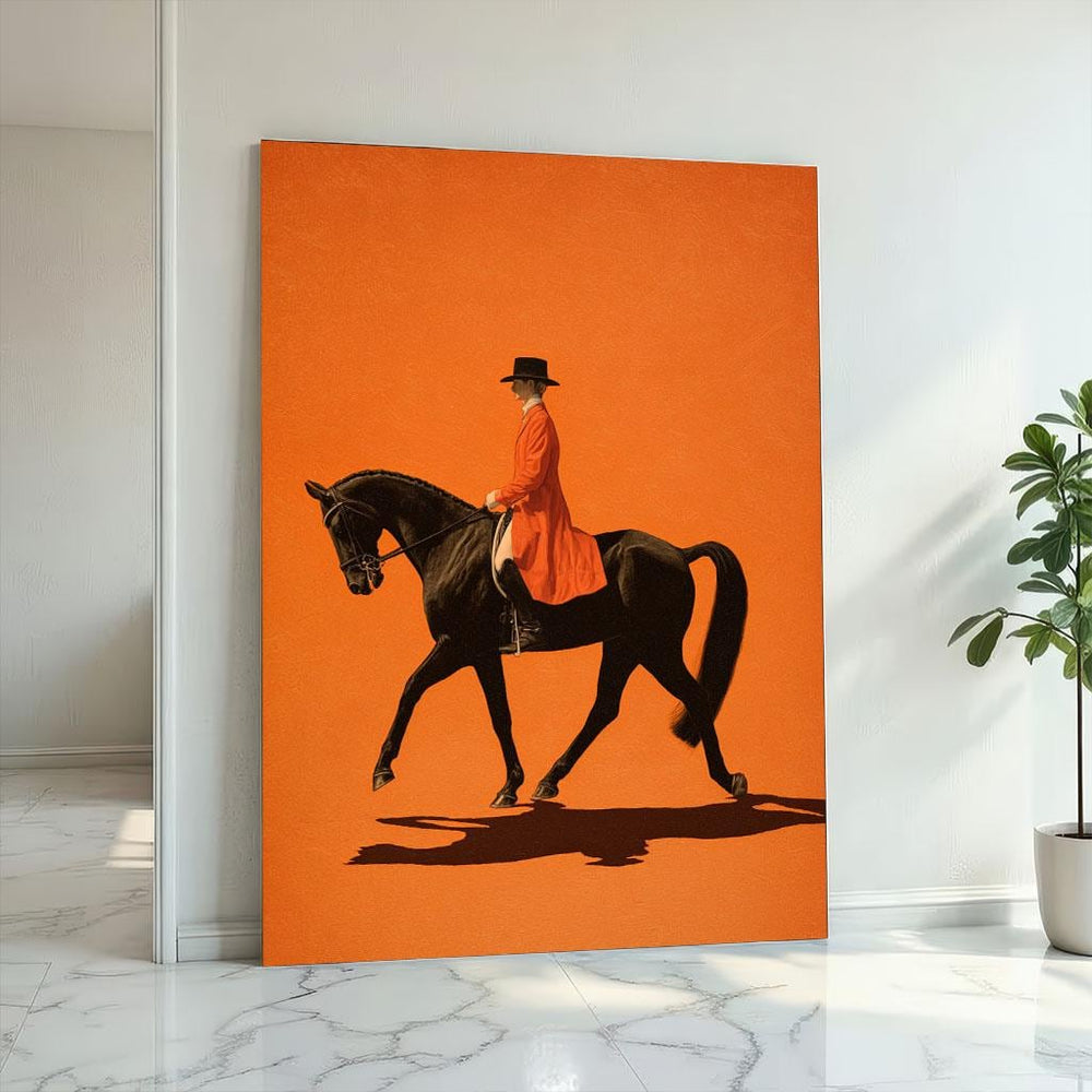 Elegant Equestrian Rider Canvas Wall Art Print  Bold Orange Living Room Decor  Statement Piece