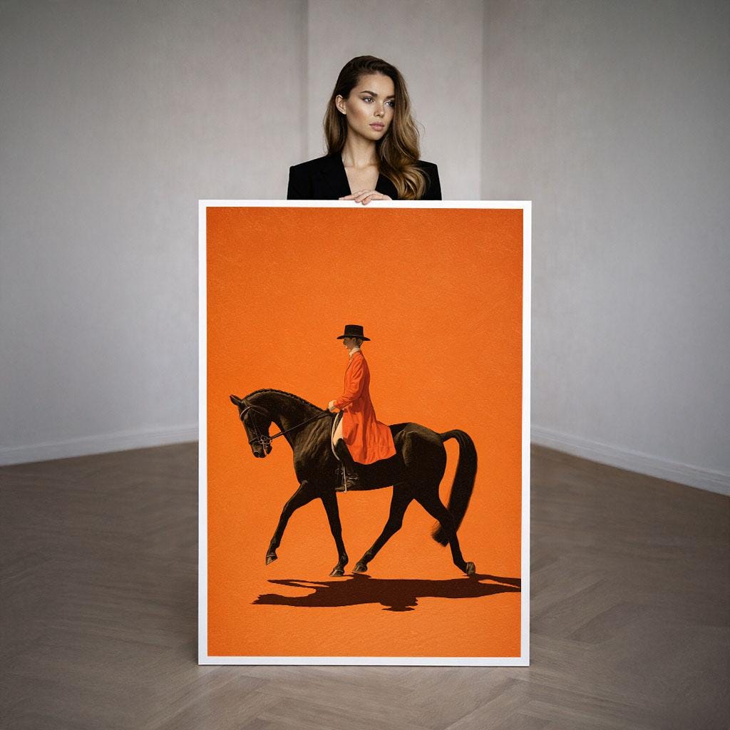 Image 3 of Elegant Equestrian Rider Canvas Wall Art Print | Bold Orange Living Room Decor | Statement Piece