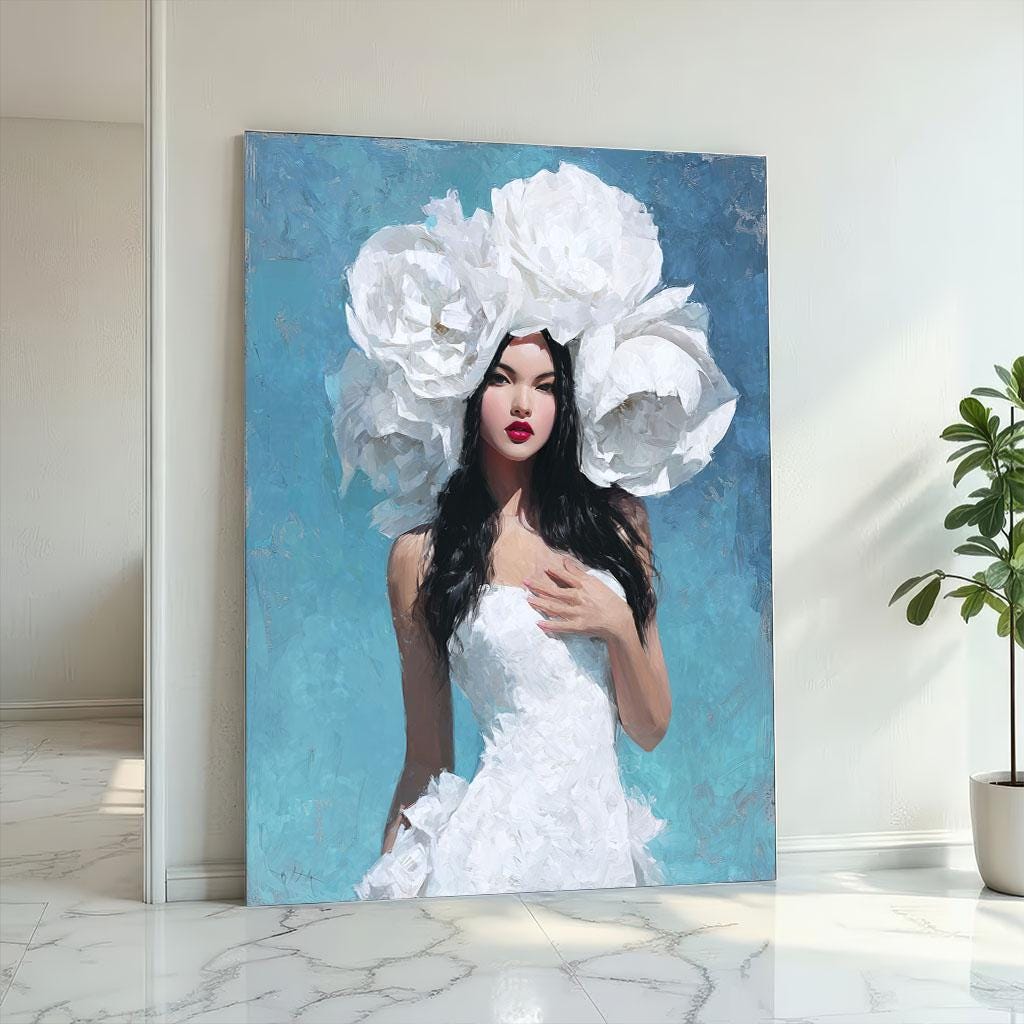 Image 2 of Elegant Woman in Floral Headpiece Canvas Wall Art | Modern Portrait for Living Room Decor | Statement Piece
