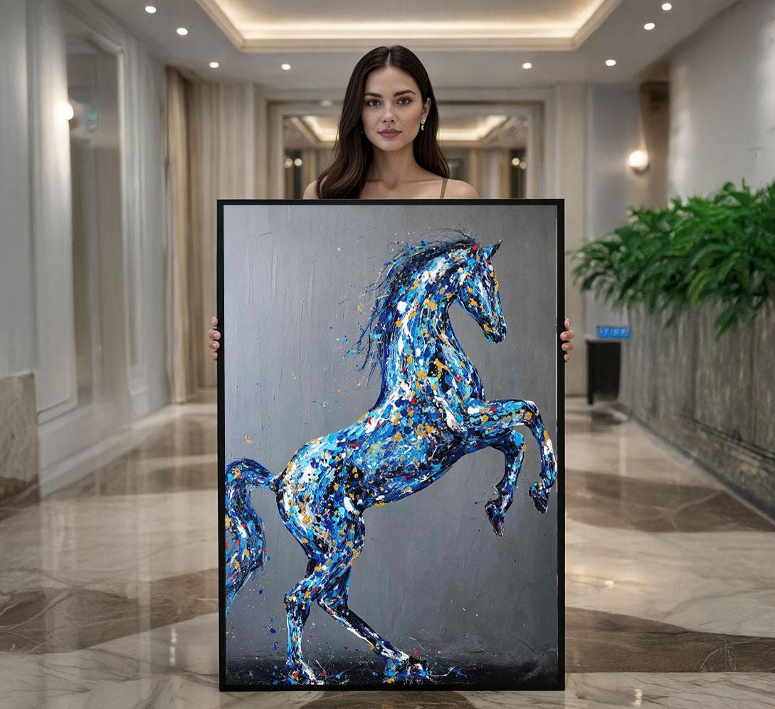 Image 1 of Majestic Blue Horse Abstract Canvas Wall Art Print | Modern Living Room Decor | Statement Piece