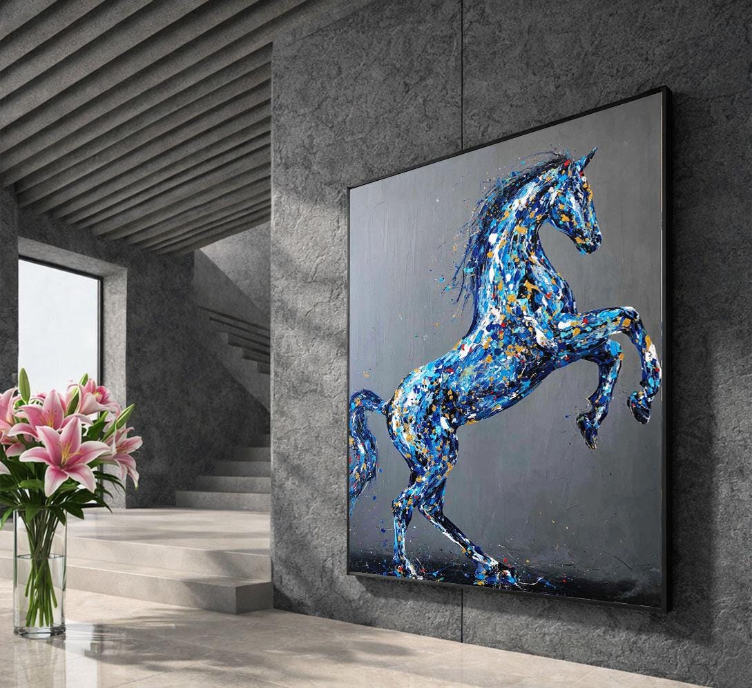 Image 5 of Majestic Blue Horse Abstract Canvas Wall Art Print | Modern Living Room Decor | Statement Piece