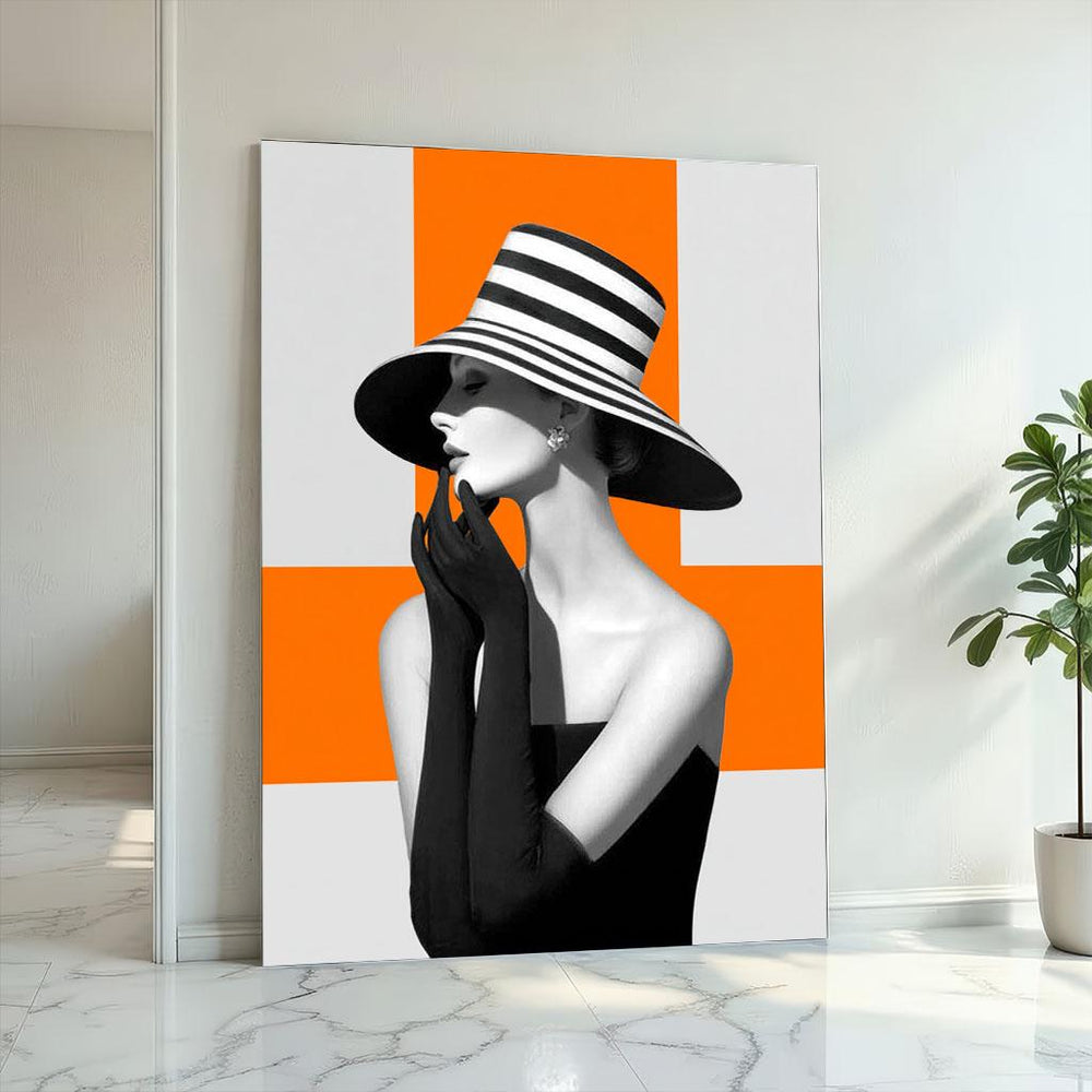 Striped Hat Woman Canvas Art: Modern Black, White & Orange Decor