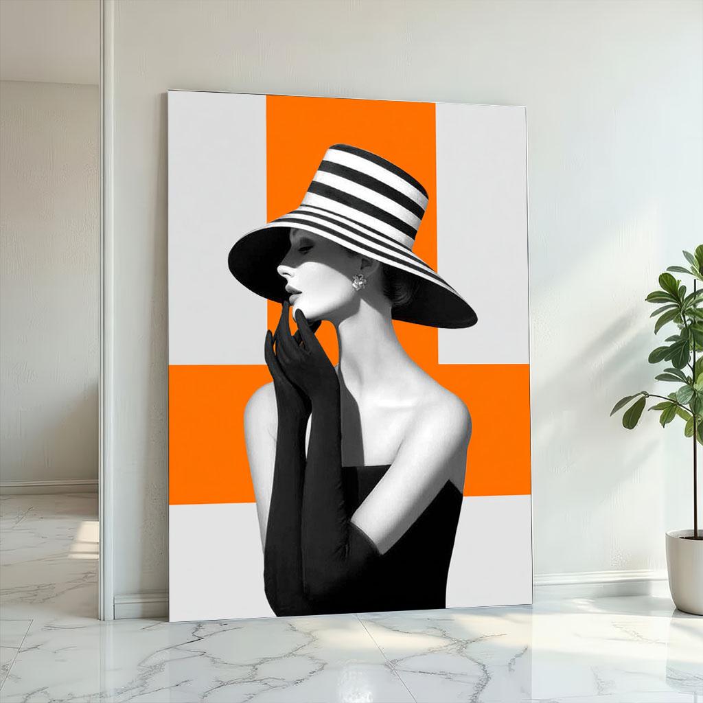 Image 2 of Modern Elegant Woman in Striped Hat Canvas Wall Art | Black and White with Orange Living Room Decor | Statement Piece