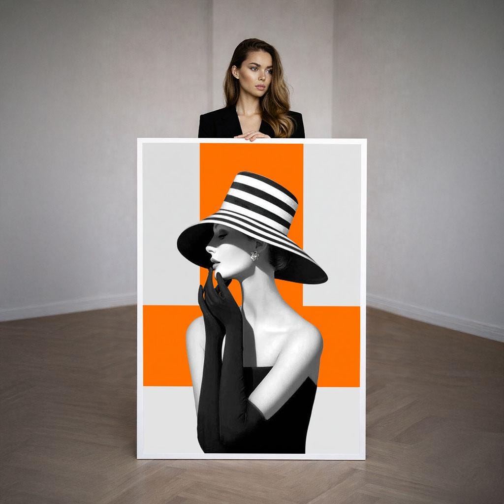 Image 3 of Modern Elegant Woman in Striped Hat Canvas Wall Art | Black and White with Orange Living Room Decor | Statement Piece