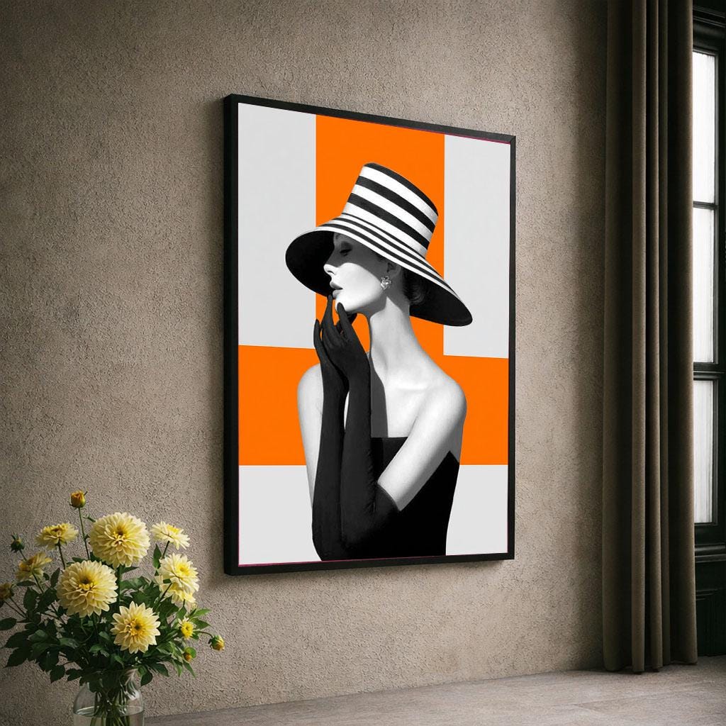 Image 6 of Modern Elegant Woman in Striped Hat Canvas Wall Art | Black and White with Orange Living Room Decor | Statement Piece