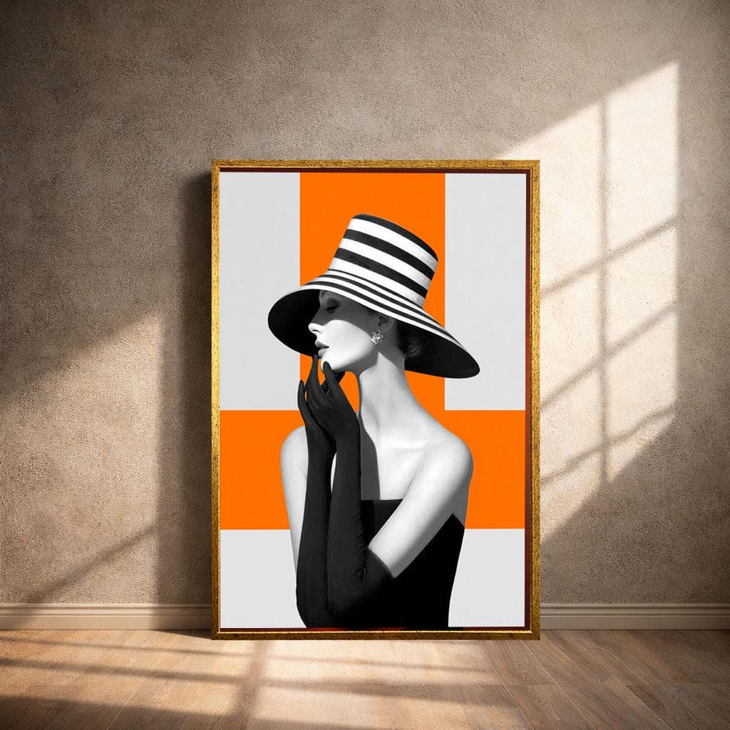 Image 4 of Modern Elegant Woman in Striped Hat Canvas Wall Art | Black and White with Orange Living Room Decor | Statement Piece