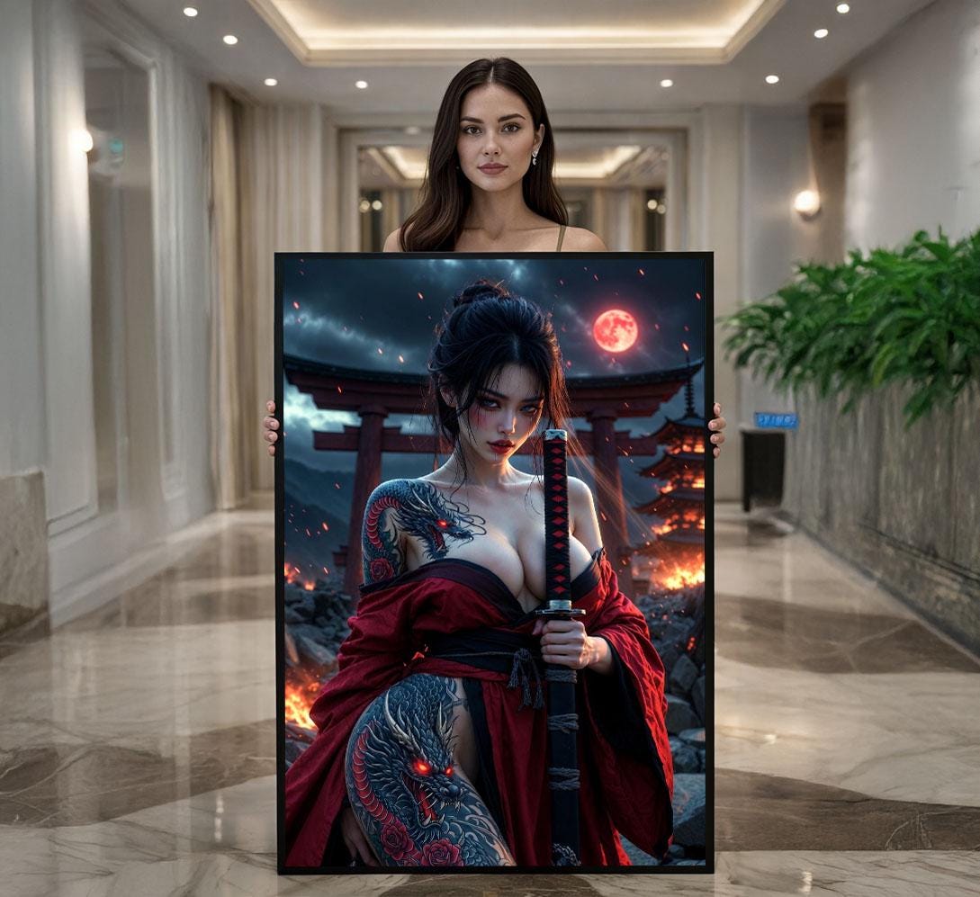 Image 1 of Fierce Samurai Woman Canvas Wall Art | Red and Black Japanese Style Living Room Decor | Statement Piece