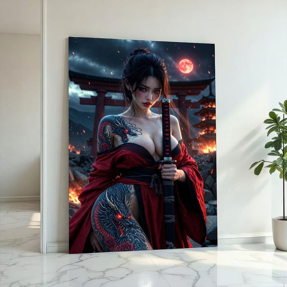 Samurai Woman Canvas Art: Red & Black Japanese Decor