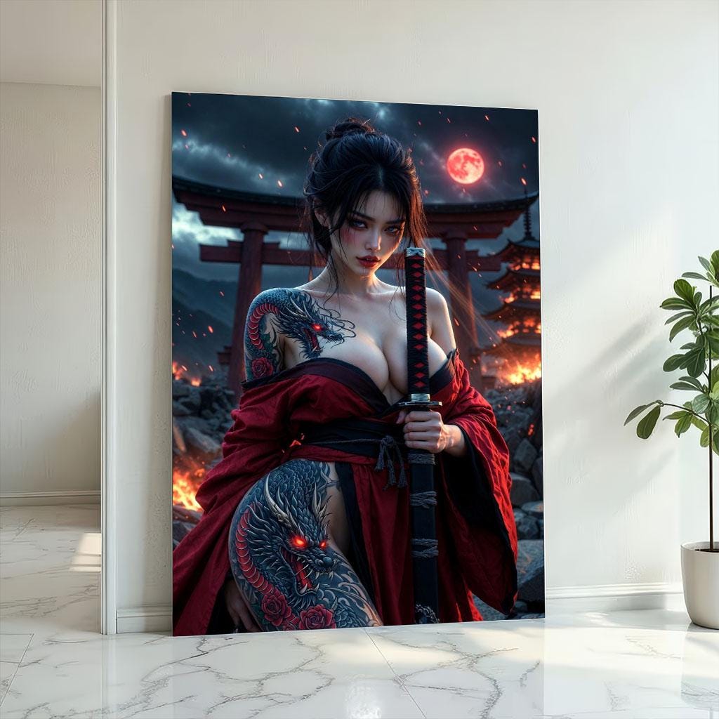 Image 2 of Fierce Samurai Woman Canvas Wall Art | Red and Black Japanese Style Living Room Decor | Statement Piece