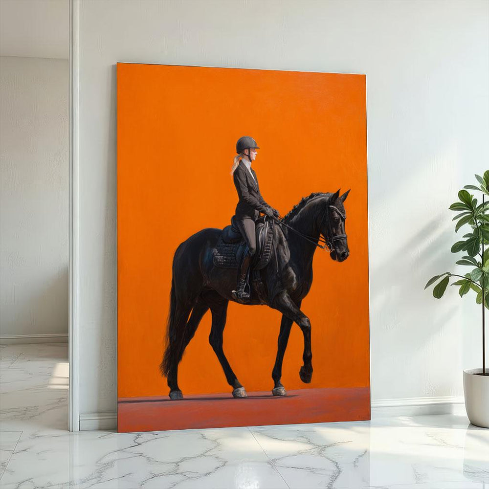 Elegant Equestrian Portrait Canvas Wall Art  Bold Orange Living Room Decor  Statement Piece
