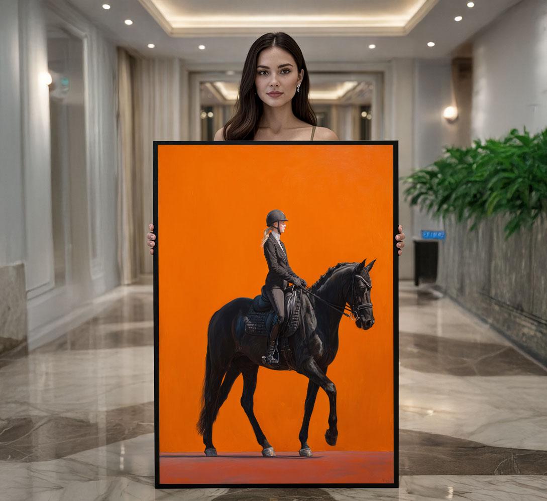 Image 1 of Elegant Equestrian Portrait Canvas Wall Art | Bold Orange Living Room Decor | Statement Piece
