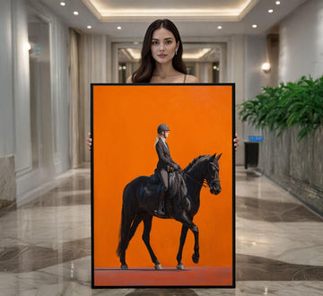 Image 1 of Elegant Equestrian Portrait Canvas Wall Art | Bold Orange Living Room Decor | Statement Piece
