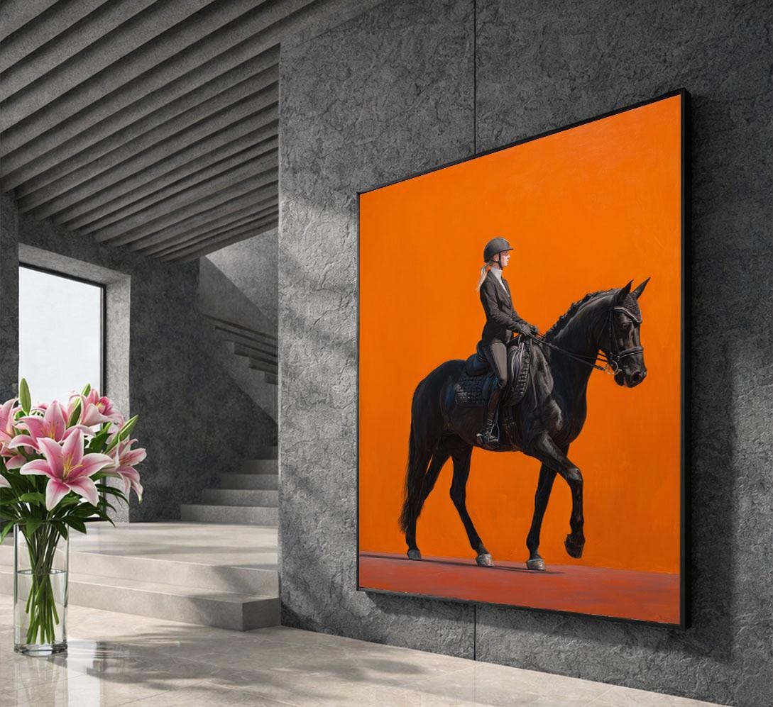 Image 5 of Elegant Equestrian Portrait Canvas Wall Art | Bold Orange Living Room Decor | Statement Piece