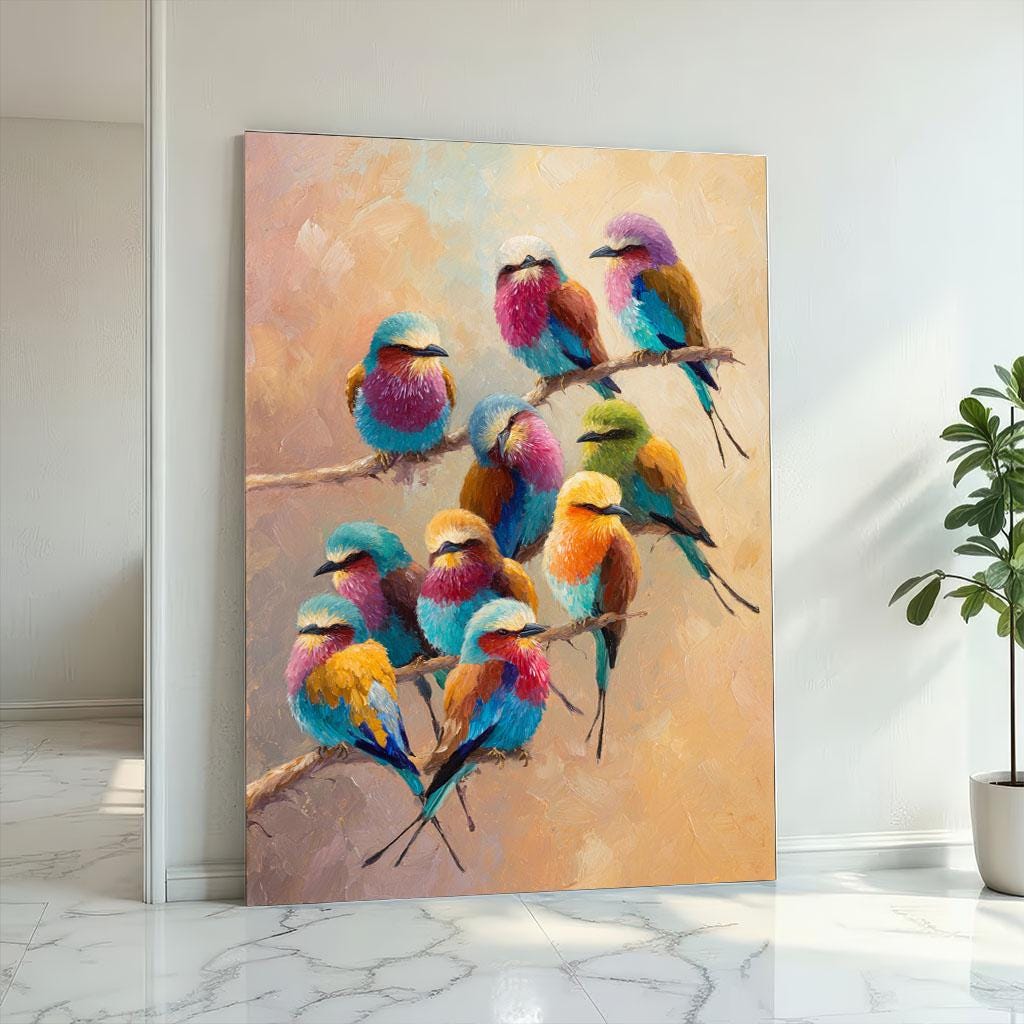 Image 2 of Colorful Birds on Branch Canvas Wall Art Print | Vibrant Living Room Decor | Statement Piece for Nature Lovers