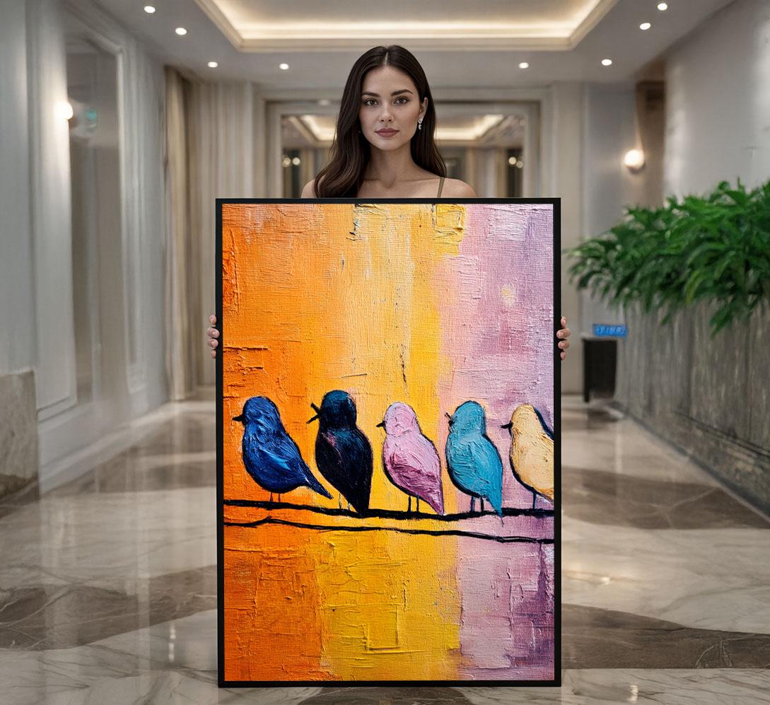 Image 1 of Colorful Birds on Branch Canvas Wall Art Print | Vibrant Living Room Decor | Modern Abstract Style | Ready to Hang
