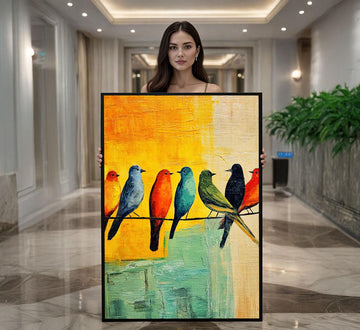 Image 1 of Colorful Birds on Wire Canvas Wall Art Print | Vibrant Living Room Decor | Ready to Hang