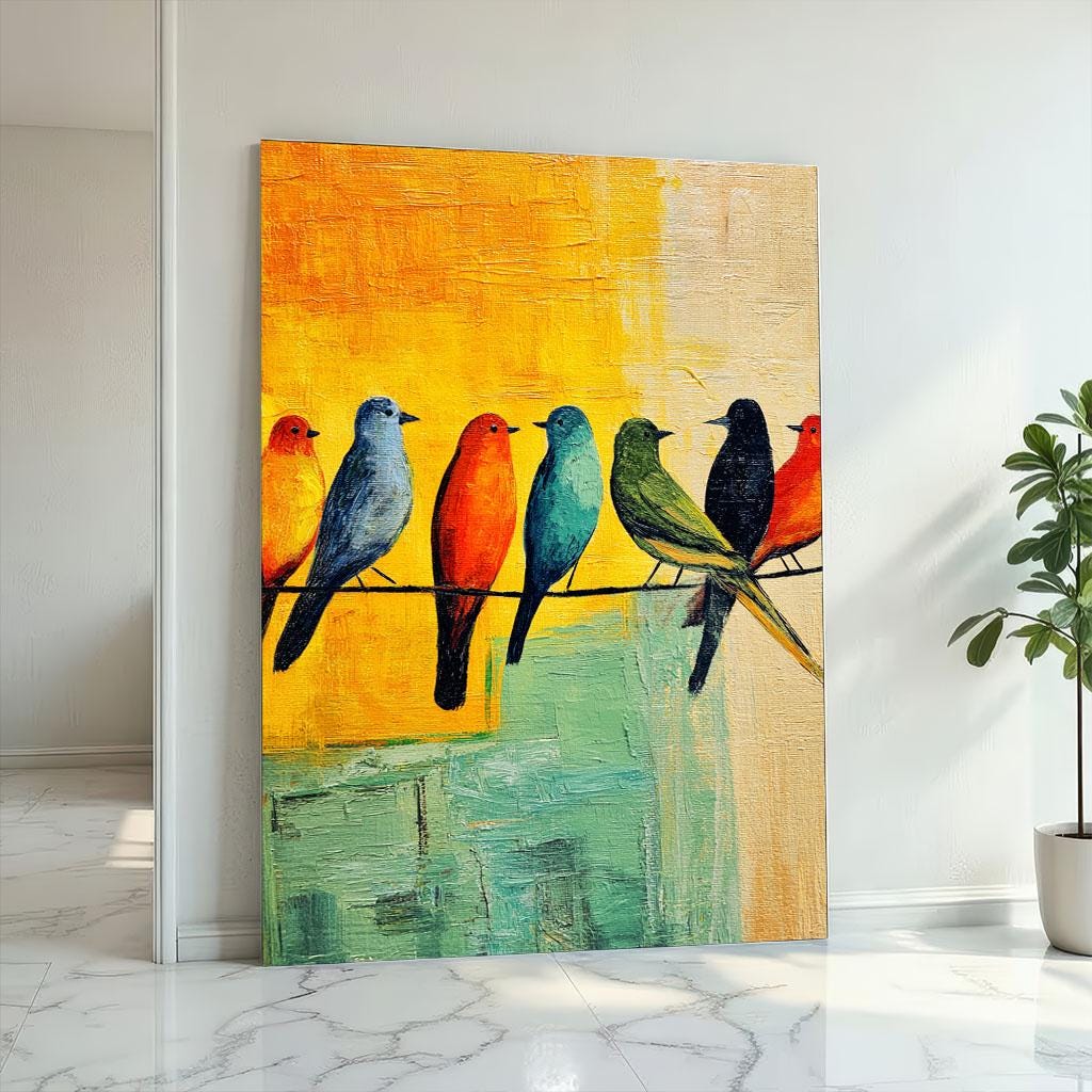Image 2 of Colorful Birds on Wire Canvas Wall Art Print | Vibrant Living Room Decor | Ready to Hang