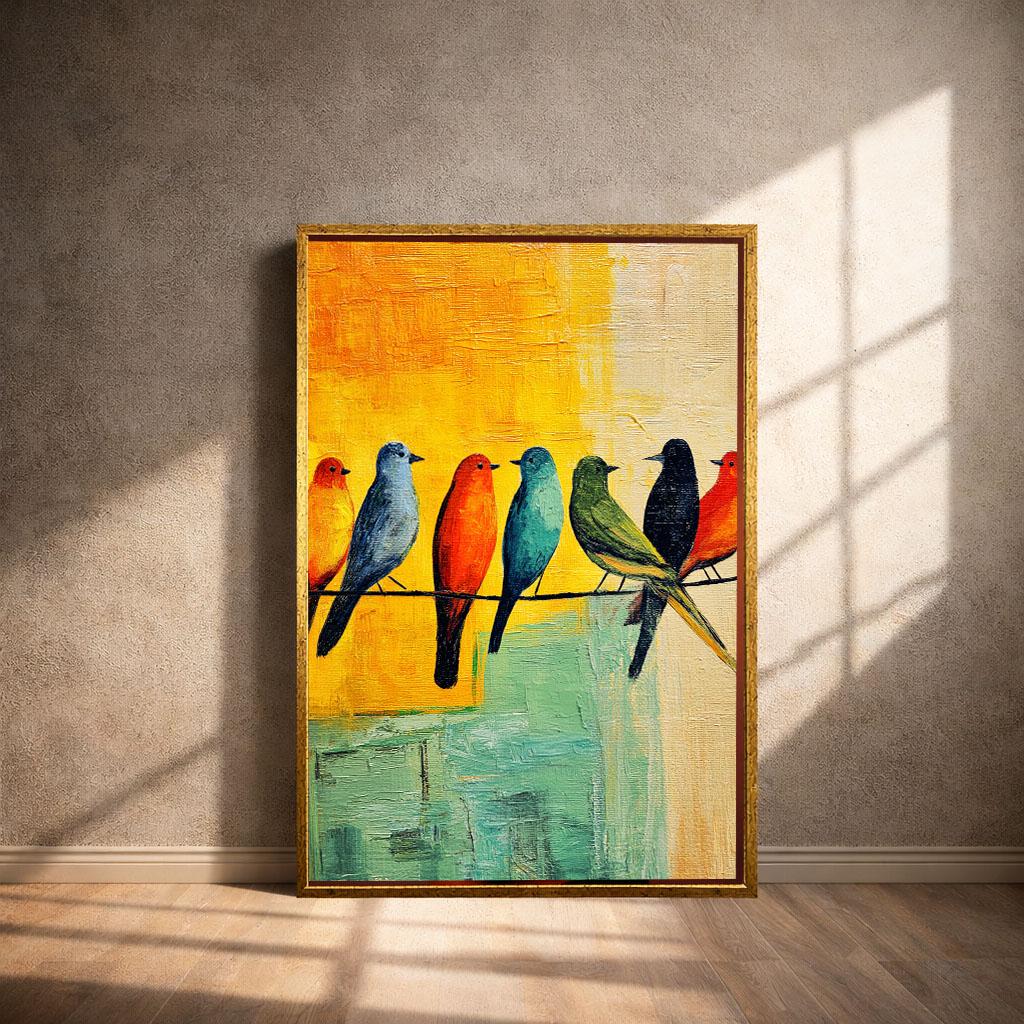 Image 4 of Colorful Birds on Wire Canvas Wall Art Print | Vibrant Living Room Decor | Ready to Hang