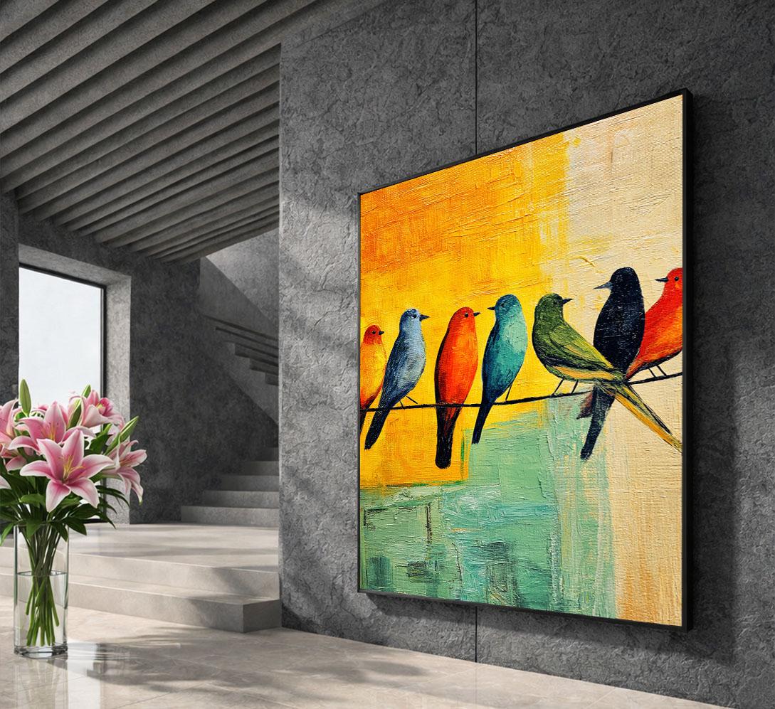 Image 5 of Colorful Birds on Wire Canvas Wall Art Print | Vibrant Living Room Decor | Ready to Hang