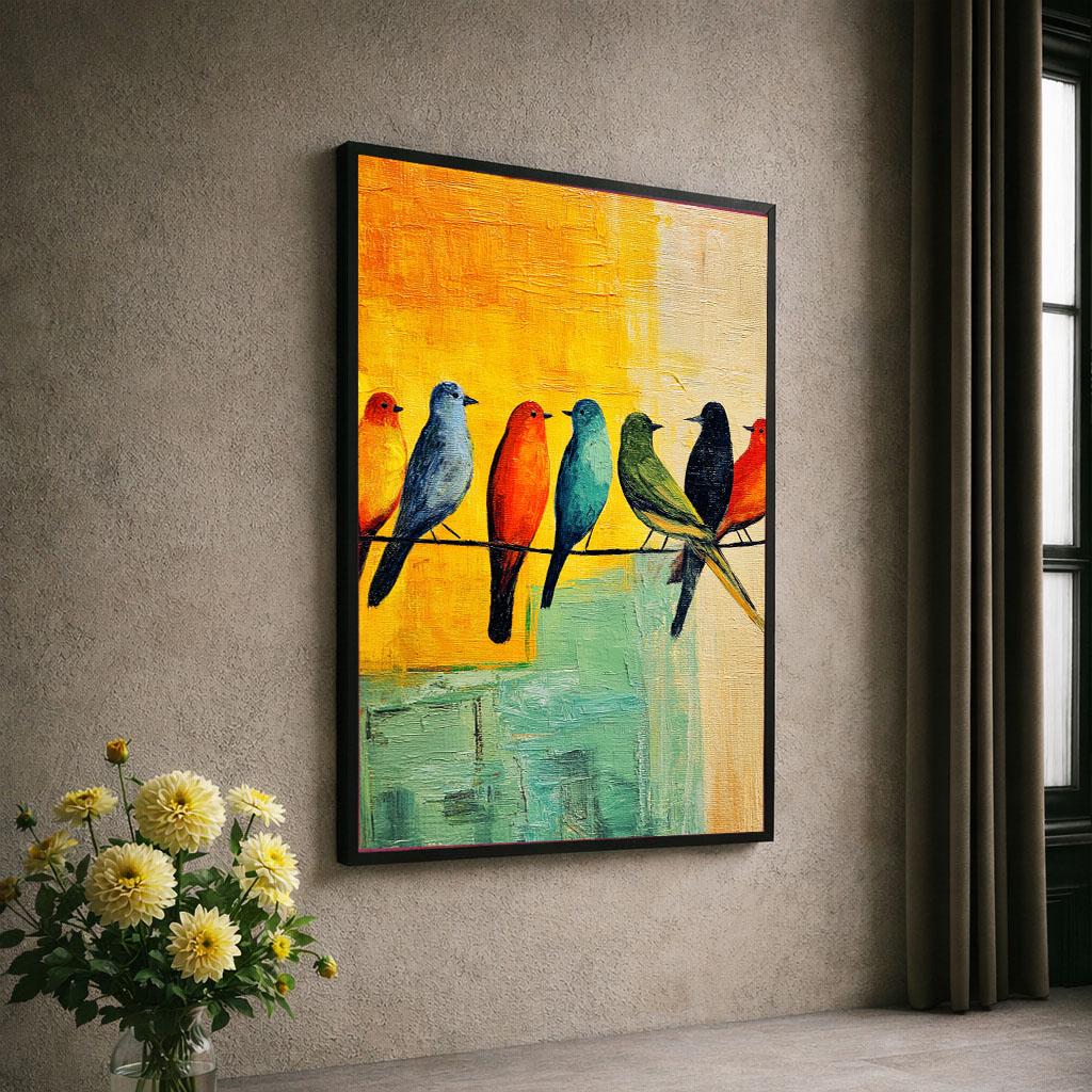 Image 6 of Colorful Birds on Wire Canvas Wall Art Print | Vibrant Living Room Decor | Ready to Hang