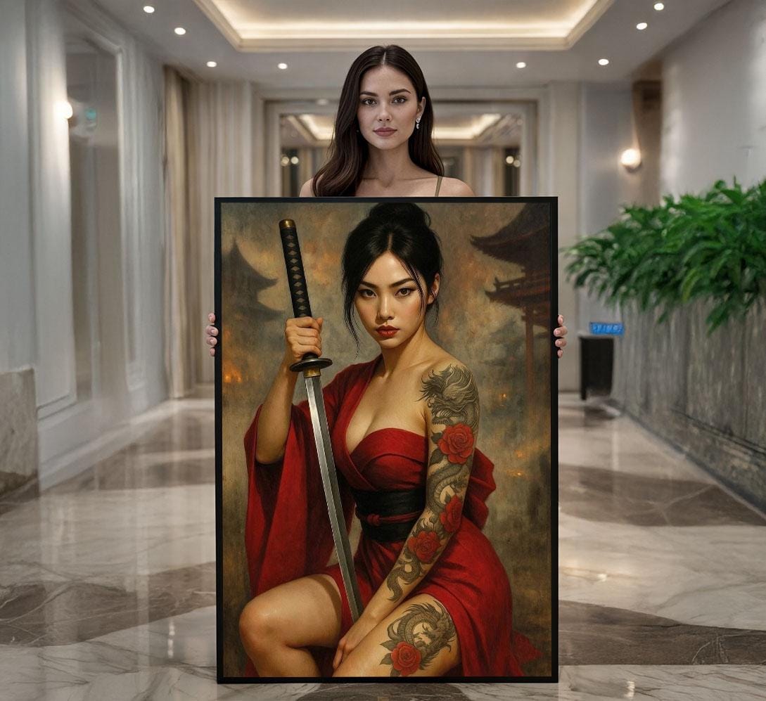Image 1 of Fierce Samurai Woman in Red Dress Canvas Wall Art | Bold Asian-Inspired Living Room Decor | Statement Piece