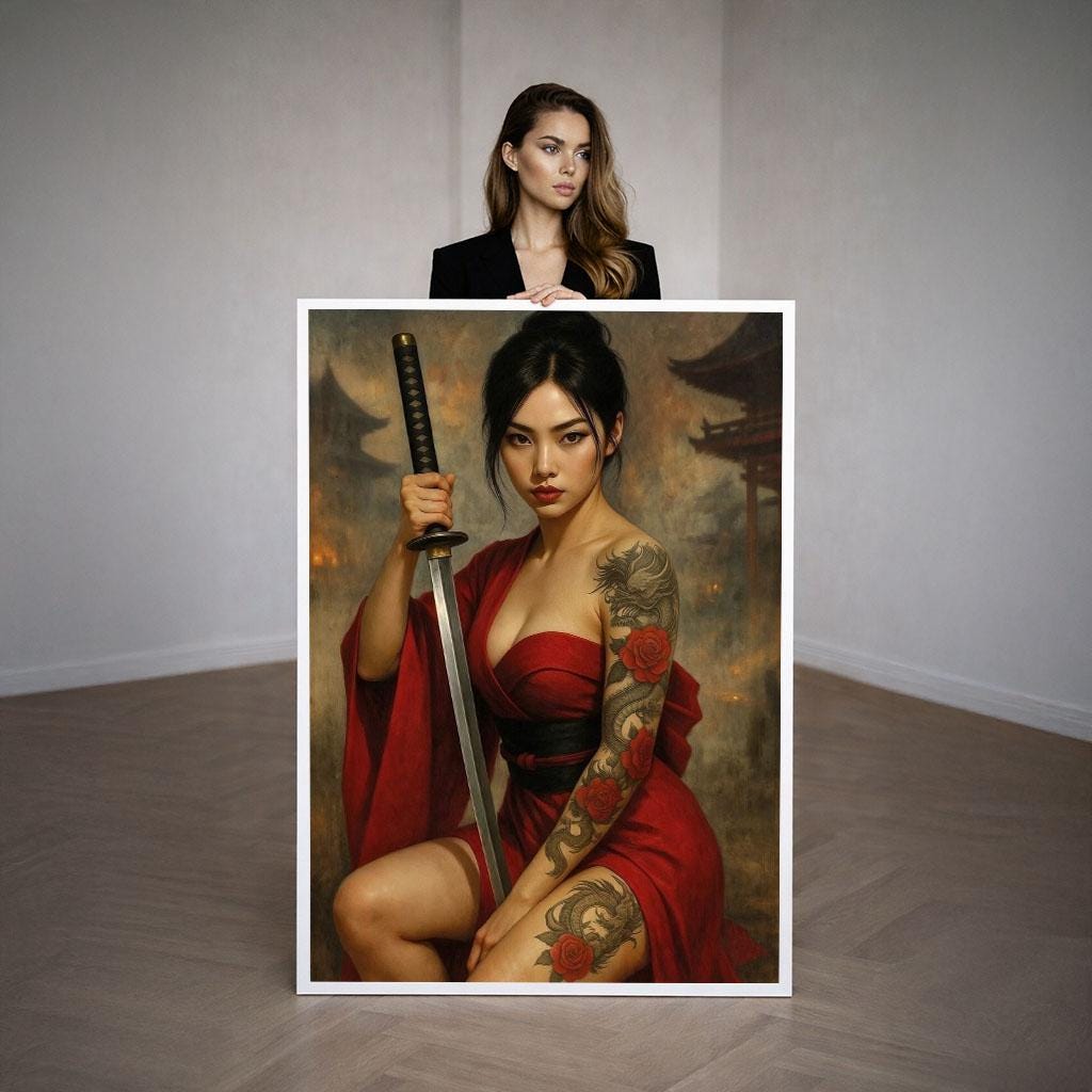 Image 3 of Fierce Samurai Woman in Red Dress Canvas Wall Art | Bold Asian-Inspired Living Room Decor | Statement Piece