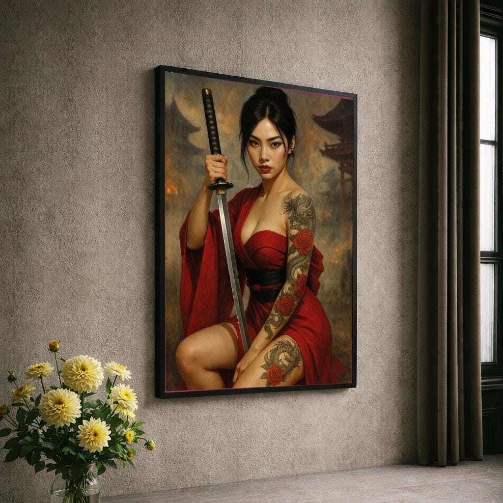 Image 6 of Fierce Samurai Woman in Red Dress Canvas Wall Art | Bold Asian-Inspired Living Room Decor | Statement Piece