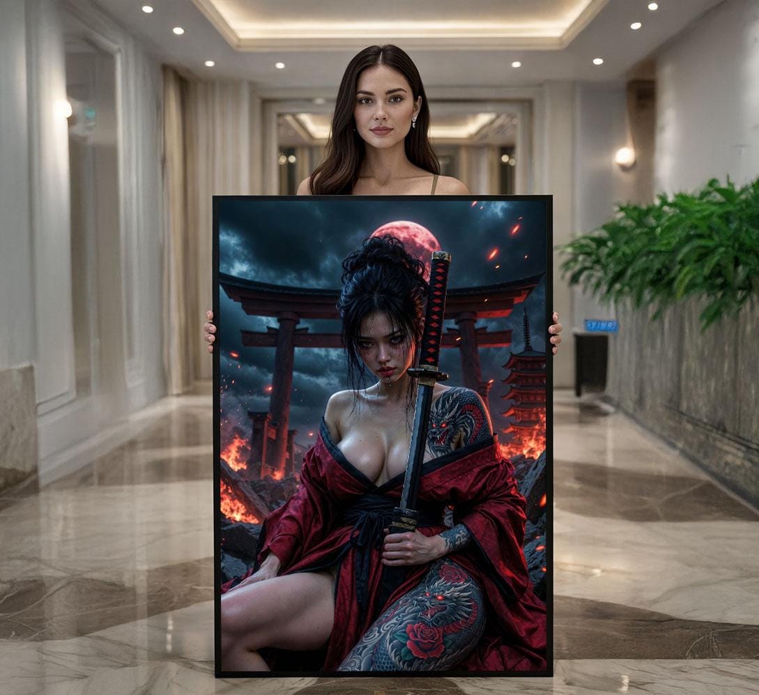 Image 1 of Fierce Samurai Woman Canvas Wall Art Print | Dramatic Japanese-Inspired Living Room Decor | Statement Piece
