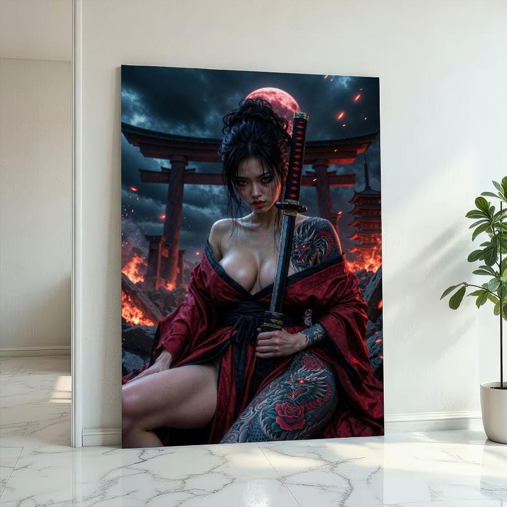 Fierce Samurai Woman Canvas Wall Art Print  Dramatic Japanese-Inspired Living Room Decor  Statement Piece