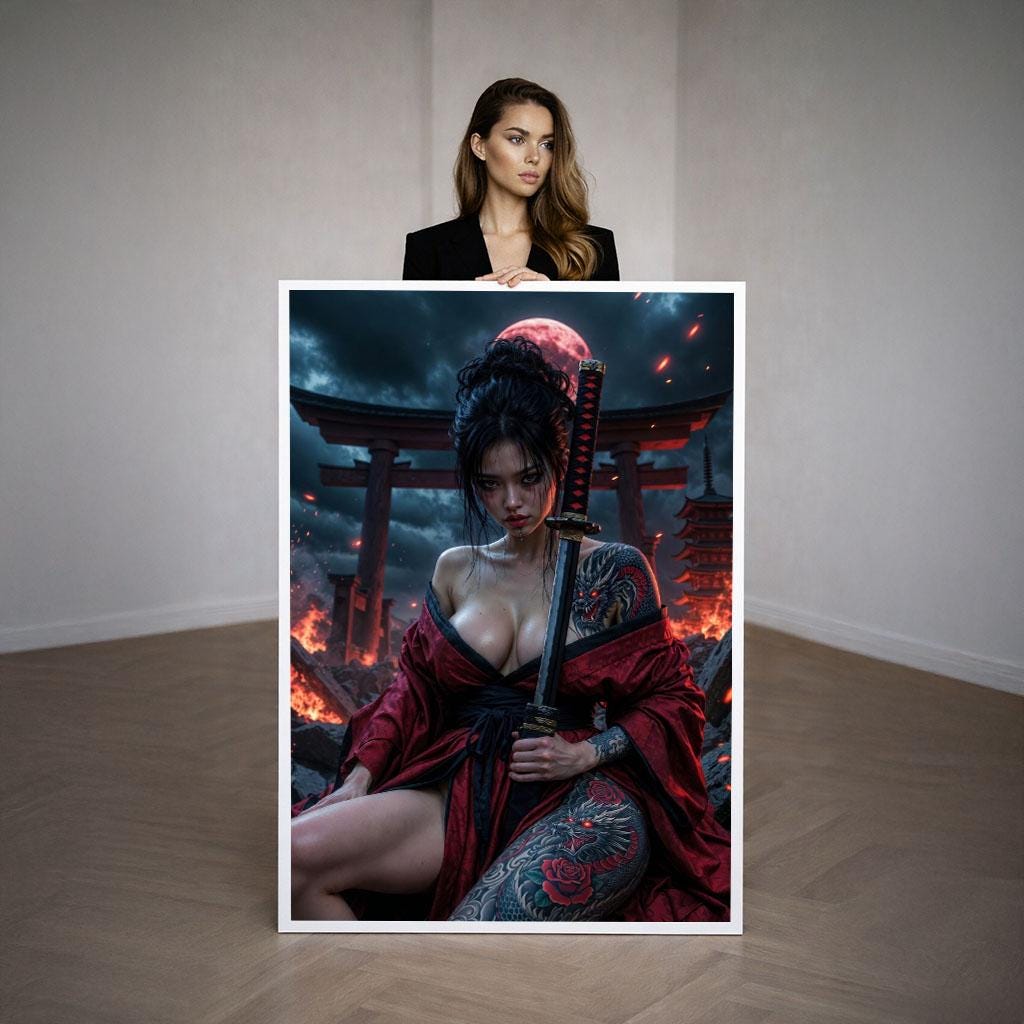 Image 3 of Fierce Samurai Woman Canvas Wall Art Print | Dramatic Japanese-Inspired Living Room Decor | Statement Piece