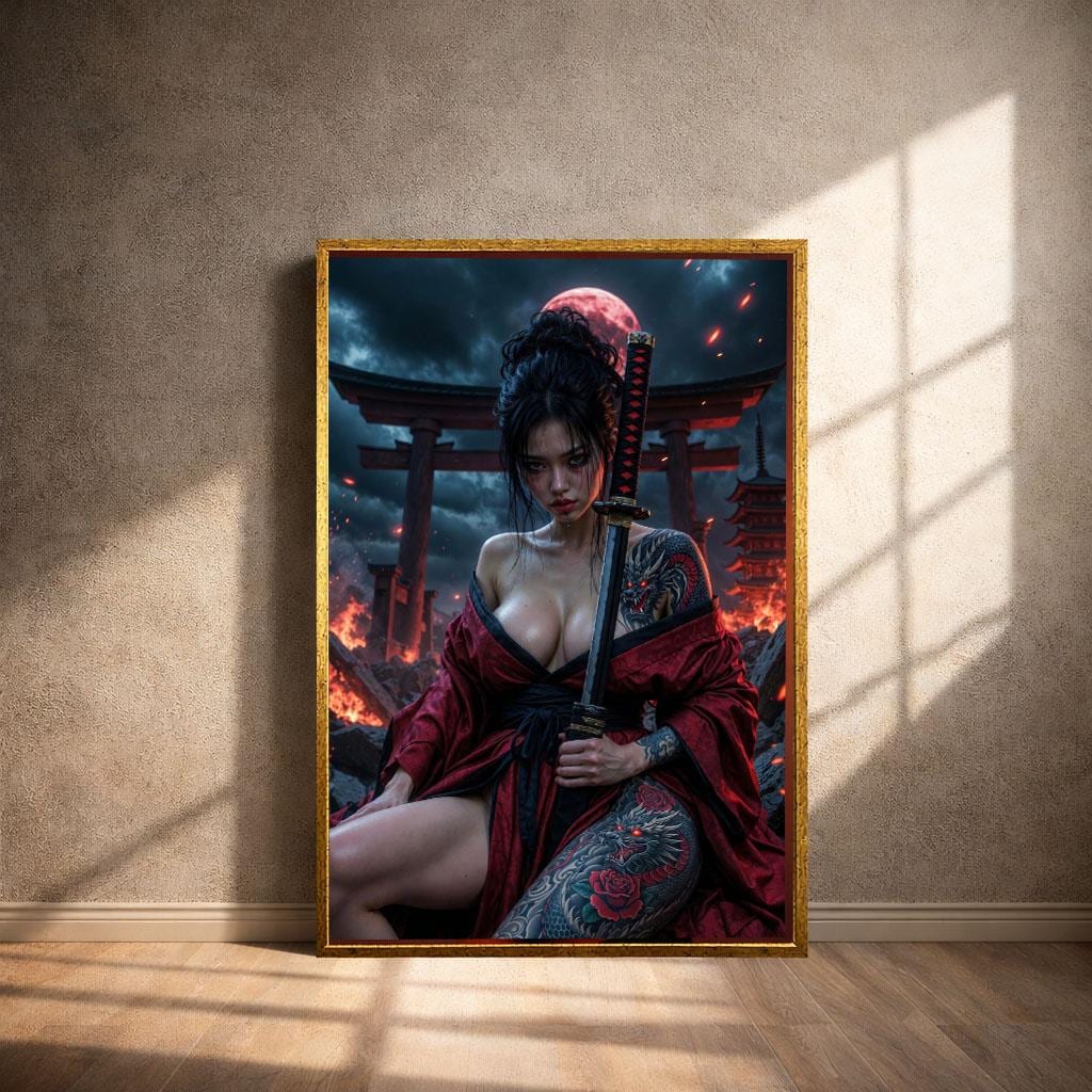 Image 4 of Fierce Samurai Woman Canvas Wall Art Print | Dramatic Japanese-Inspired Living Room Decor | Statement Piece