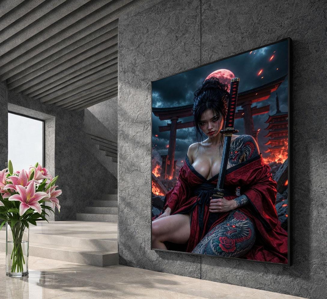 Image 5 of Fierce Samurai Woman Canvas Wall Art Print | Dramatic Japanese-Inspired Living Room Decor | Statement Piece