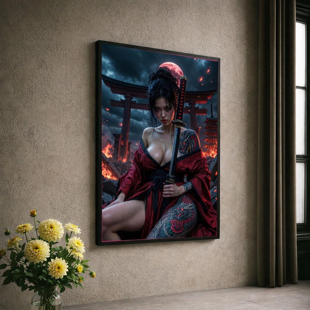 Image 6 of Fierce Samurai Woman Canvas Wall Art Print | Dramatic Japanese-Inspired Living Room Decor | Statement Piece