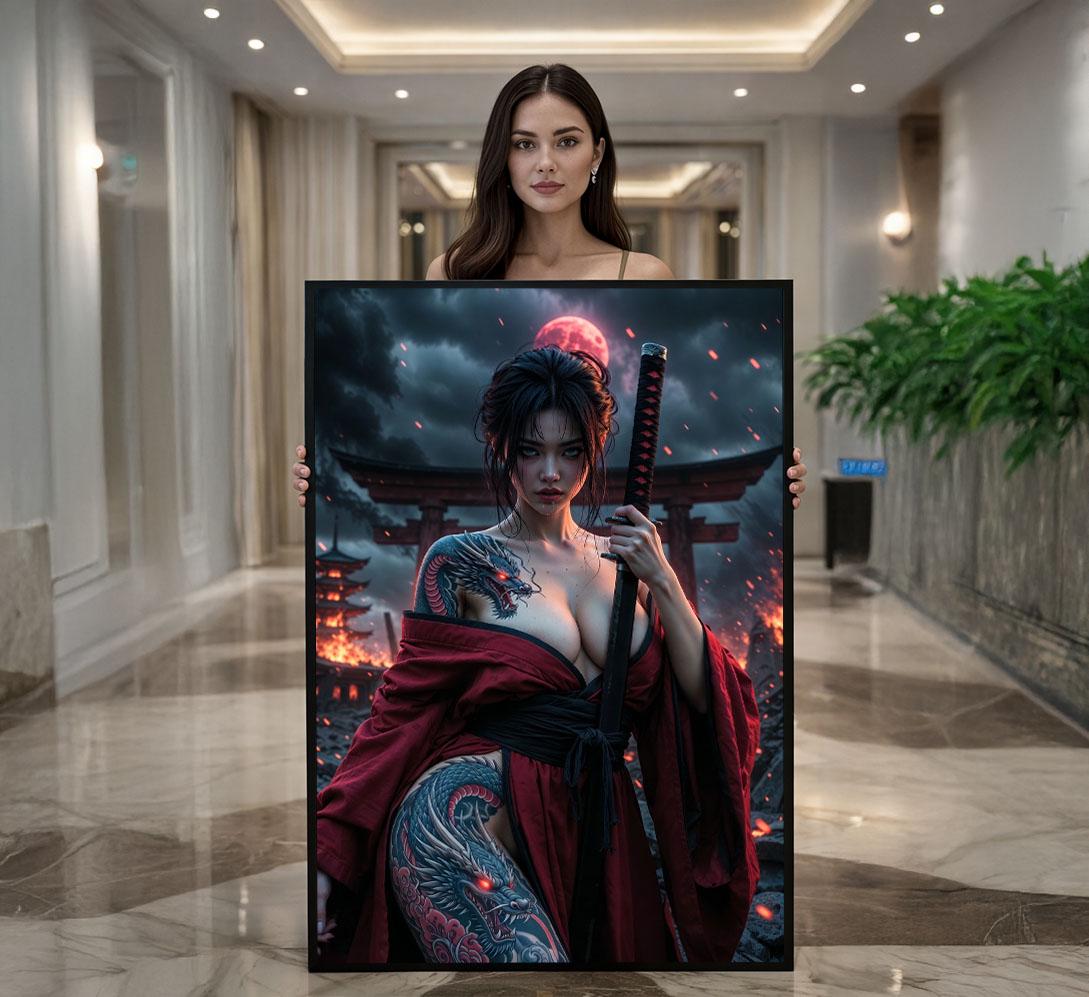 Image 1 of Fierce Warrior Woman Samurai Canvas Wall Art | Dark Red Bedroom Decor | Statement Piece