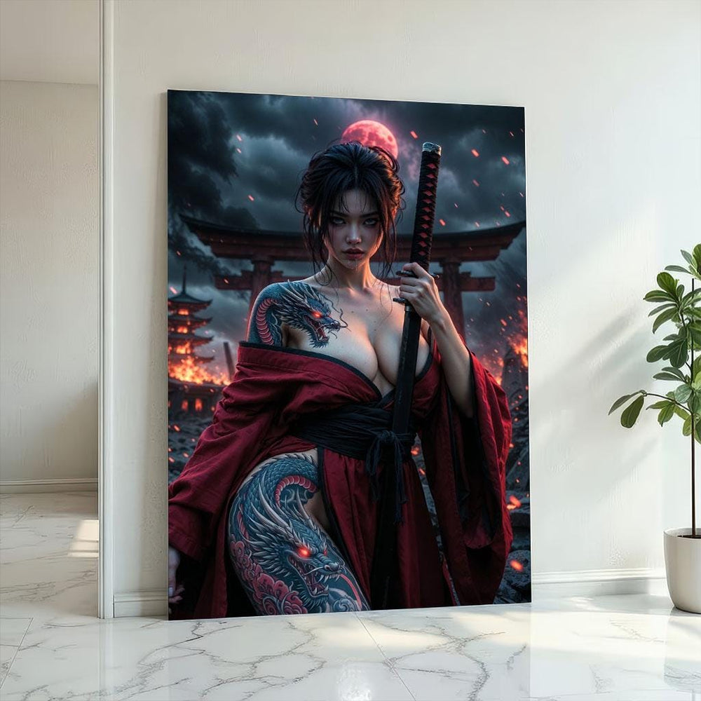 Fierce Warrior Woman Samurai Canvas Wall Art  Dark Red Bedroom Decor  Statement Piece