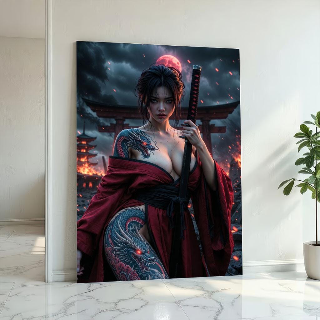 Image 2 of Fierce Warrior Woman Samurai Canvas Wall Art | Dark Red Bedroom Decor | Statement Piece