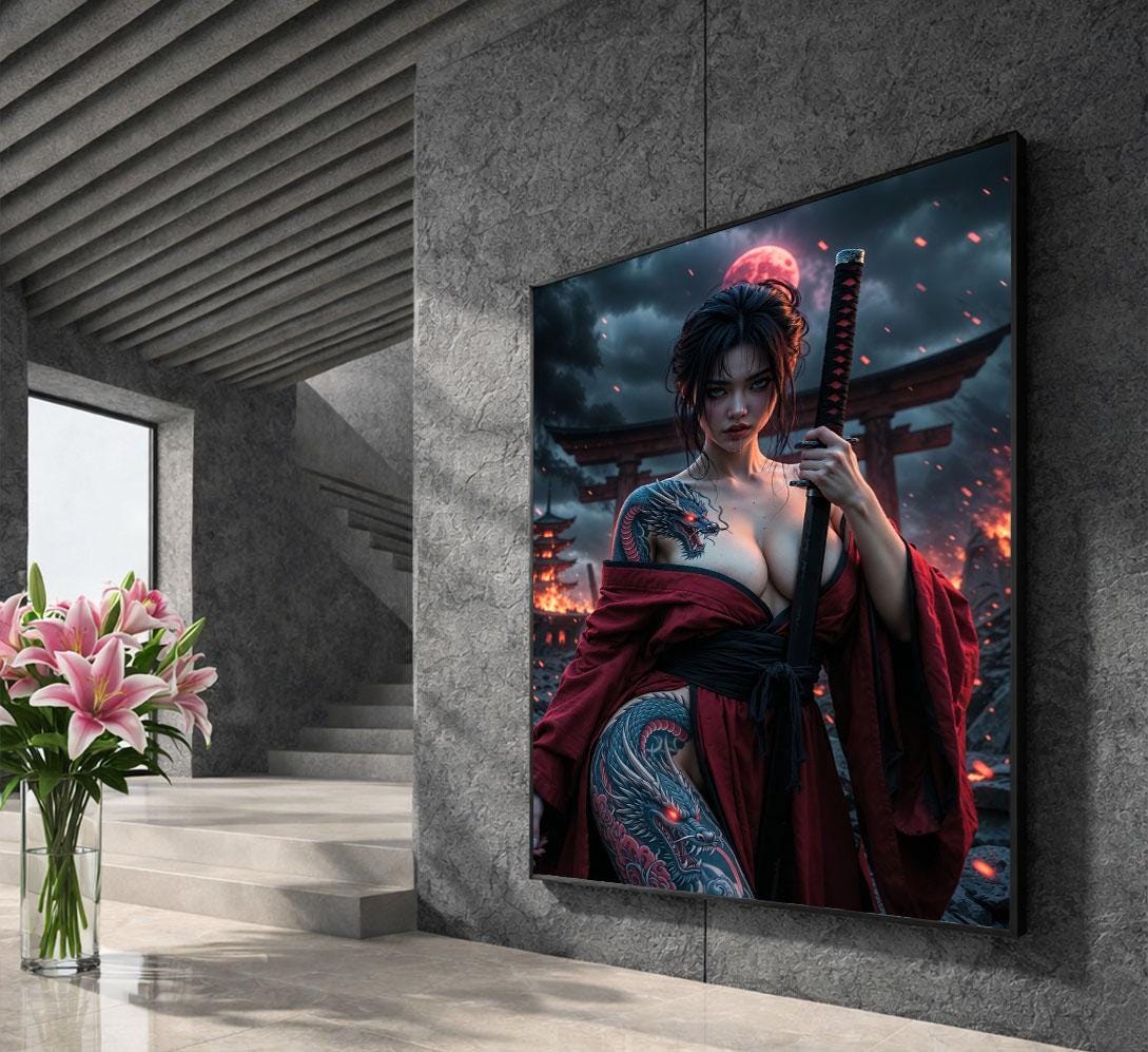 Image 5 of Fierce Warrior Woman Samurai Canvas Wall Art | Dark Red Bedroom Decor | Statement Piece