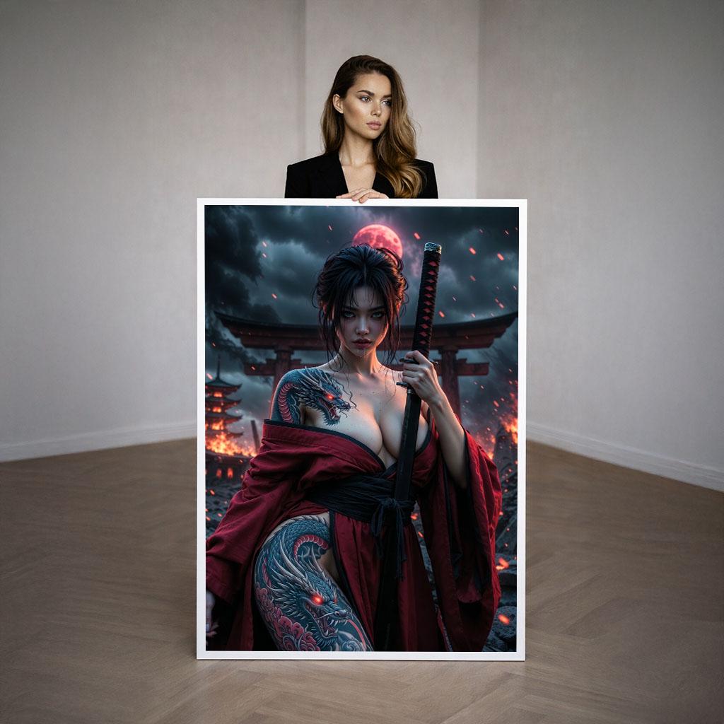 Image 3 of Fierce Warrior Woman Samurai Canvas Wall Art | Dark Red Bedroom Decor | Statement Piece