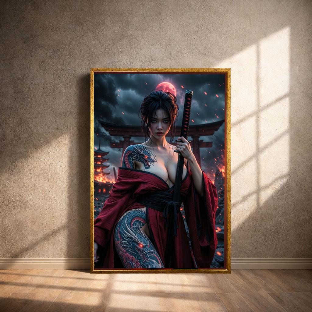 Image 4 of Fierce Warrior Woman Samurai Canvas Wall Art | Dark Red Bedroom Decor | Statement Piece