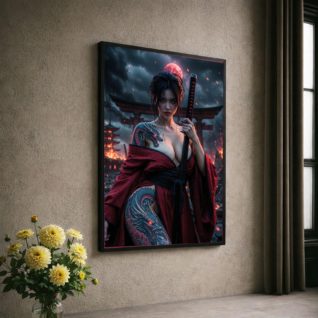 Image 6 of Fierce Warrior Woman Samurai Canvas Wall Art | Dark Red Bedroom Decor | Statement Piece